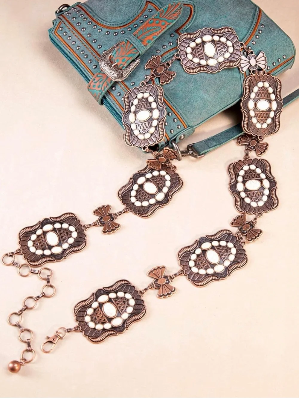 Montana West Copper-Tone Western Concho Belt with Cream Bead Accents